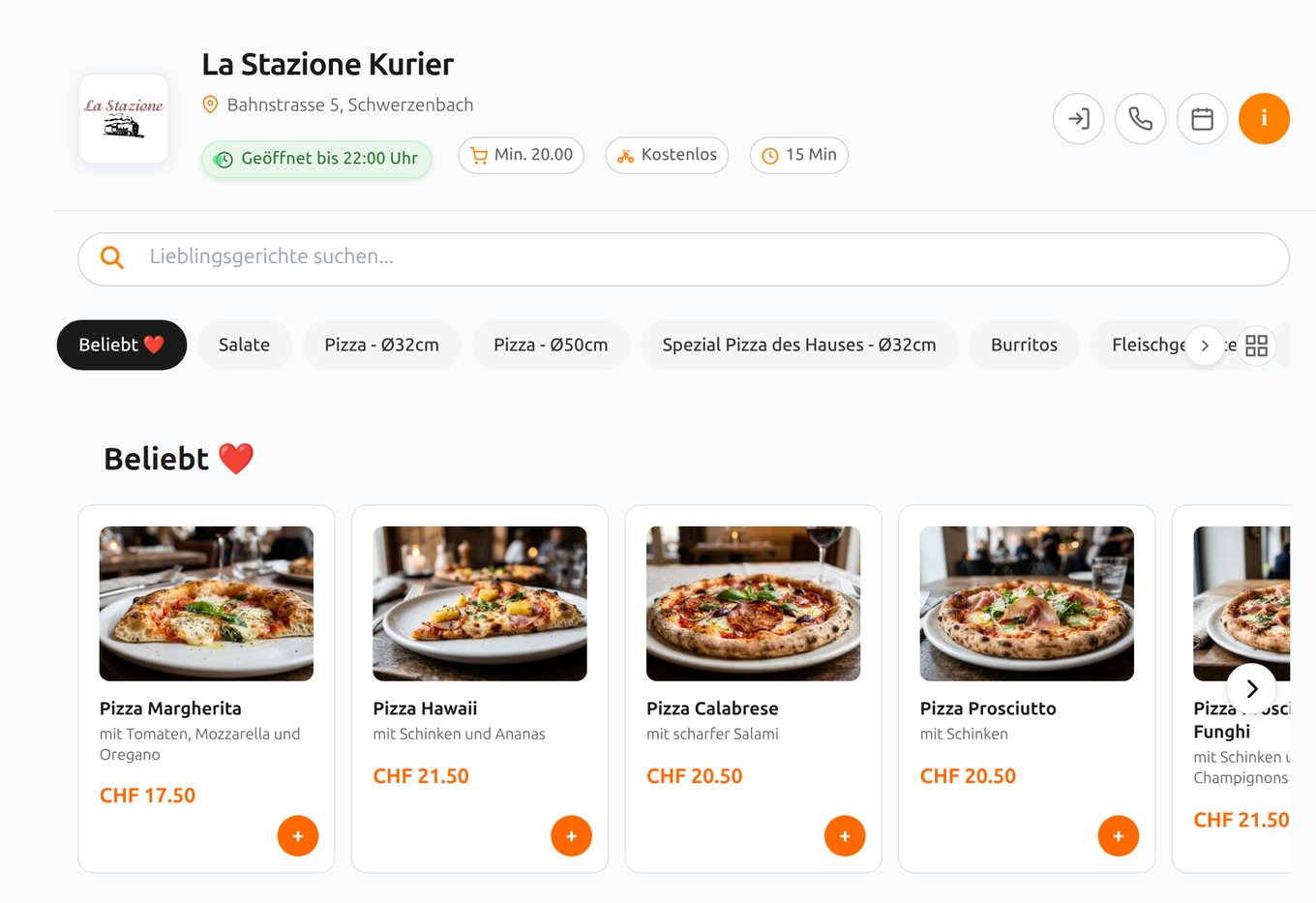 Online-Bestellsystem für Restaurants: Webshop von La Stazione Kurier in Schwerzenbach am Desktop – Pizza online bestellen ohne Provision