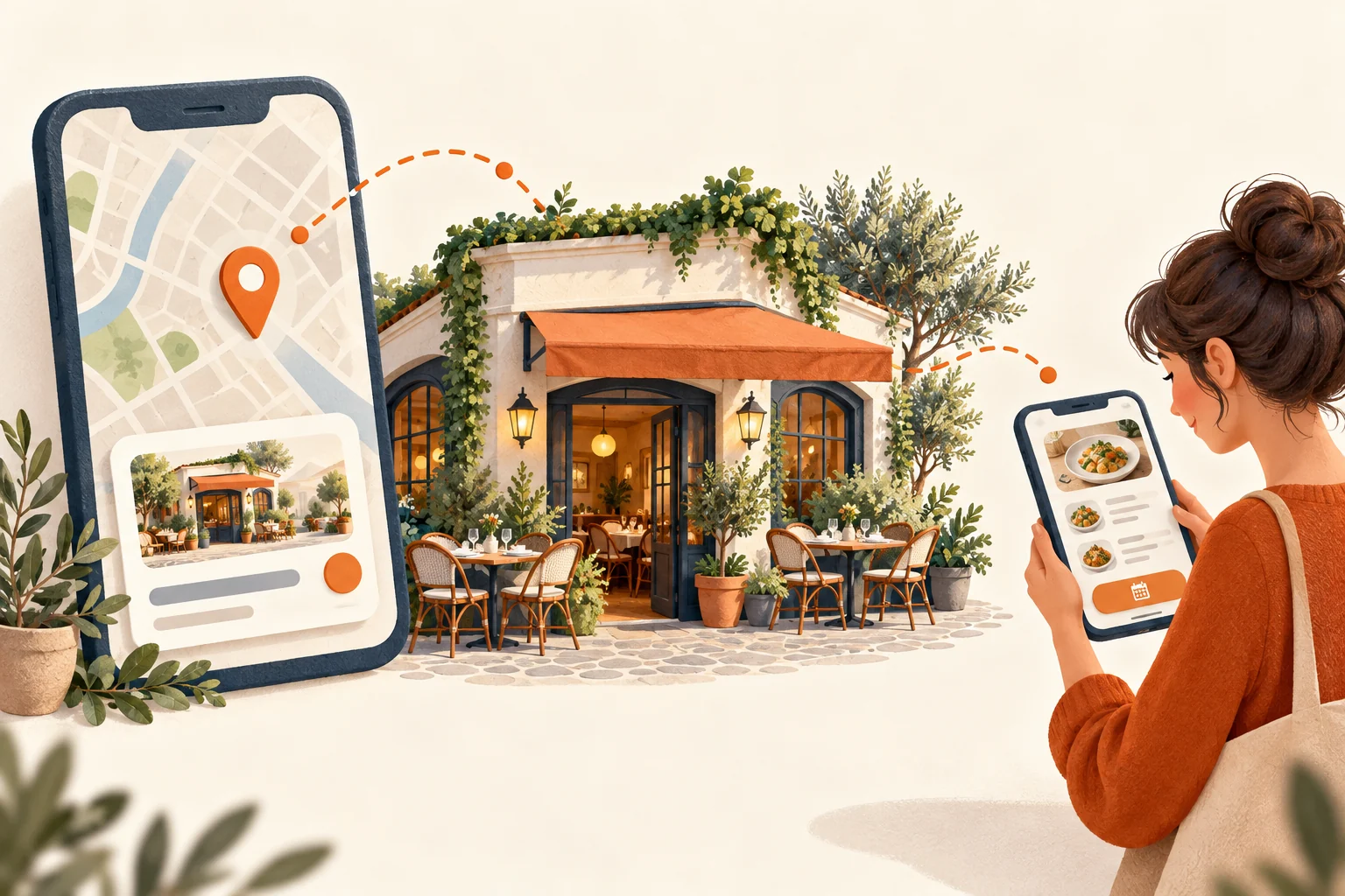 Illustration zur lokalen Suche nach einem Restaurant mit Speisekarte und Standort