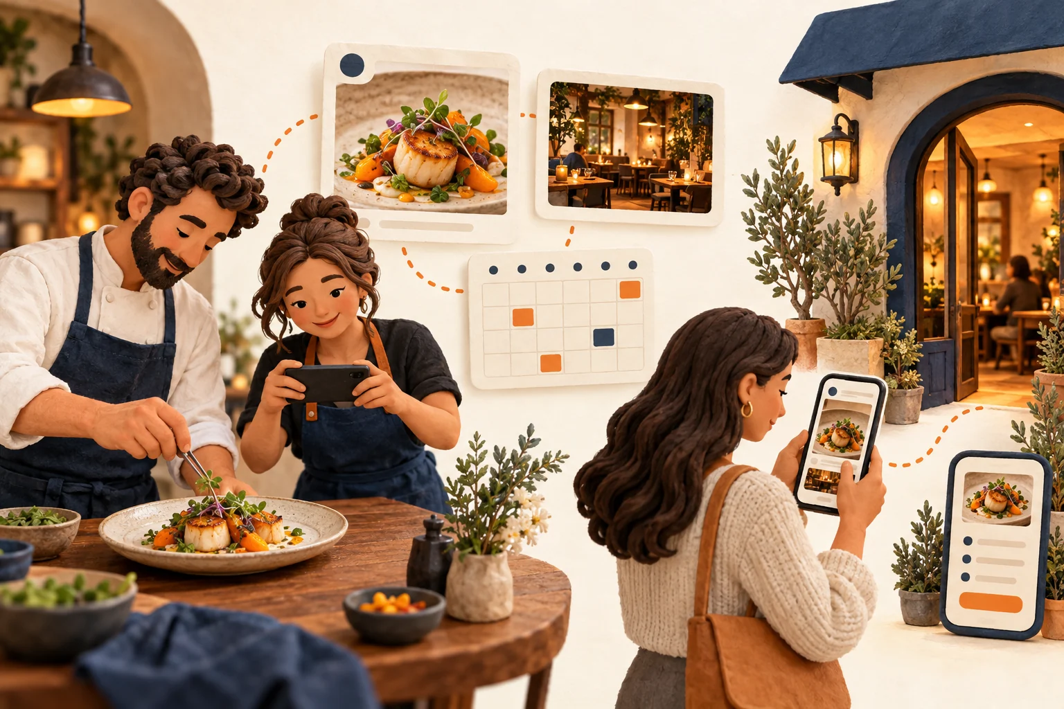 Illustration zur Planung von Restaurantfotos, Posts und Stories für Social Media