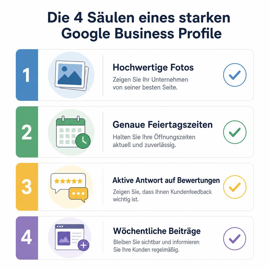 Infografik der wichtigsten Elemente für ein optimiertes Google Business Profil.